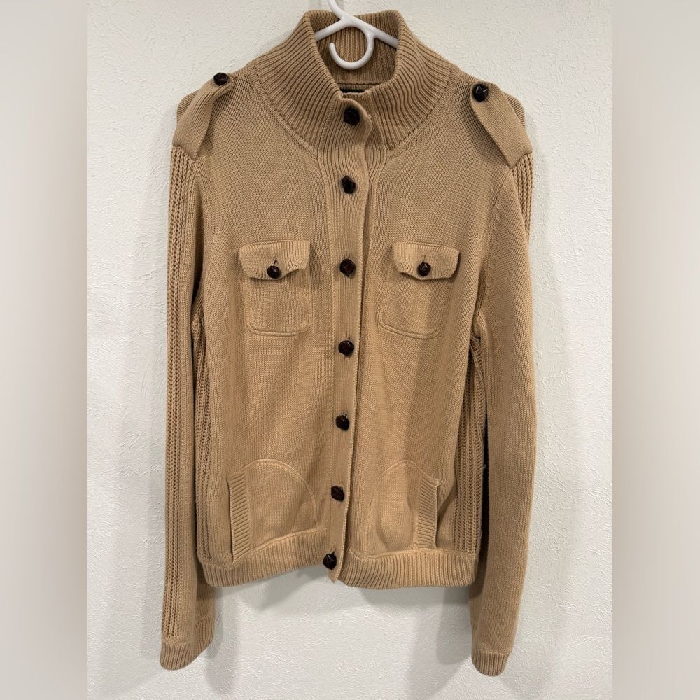 Lauren Ralph Lauren Tan Button-Up Leather Trim Military Cardigan Sweater XL EUC